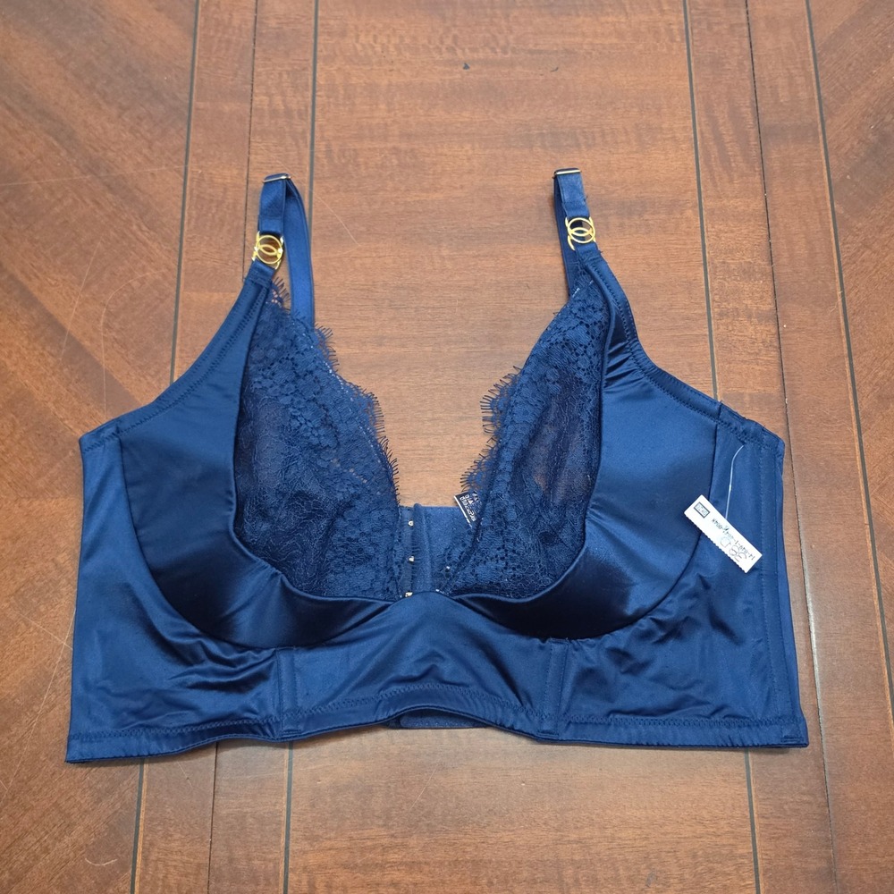 Victoria Secret Very Sexy Navy Blue Lace Longline Bra 38D Gold Hardware NWT